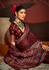 Maroon Velvet Tusser Silk  Ajrakh Saree